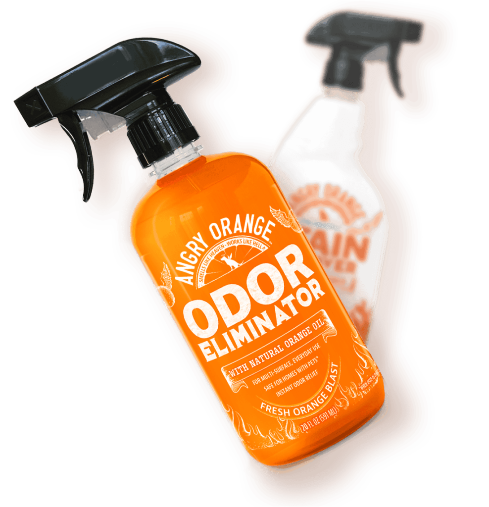 Packaging design for Angry Orange Odor Eliminator, featuring a bright orange bottle with bold white text, designed by Jamison Perkins.