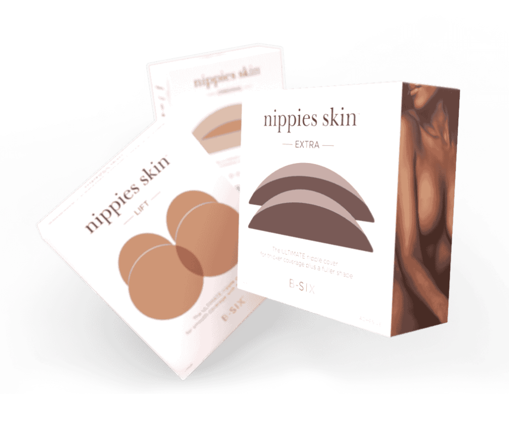 Elegant and minimalist packaging design for Nippies Skin, featuring soft neutral tones, curved shapes, and clean typography. Designed by Jamison Perkins for a skin-toned adhesive product.