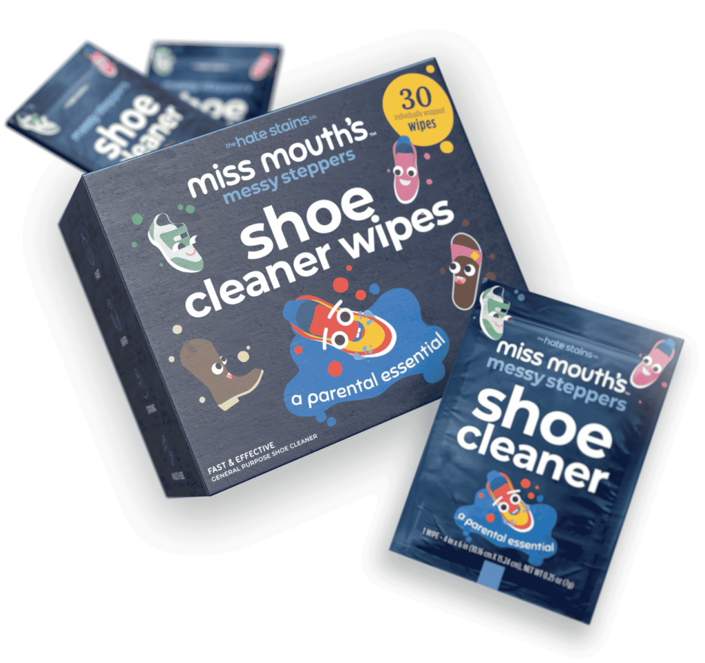 Fun and vibrant packaging design for Miss Mouth's Messy Steppers Shoe Cleaner Wipes, featuring playful cartoon shoe illustrations and bold text on a navy background. Designed by Jamison Perkins for a family-friendly cleaning product