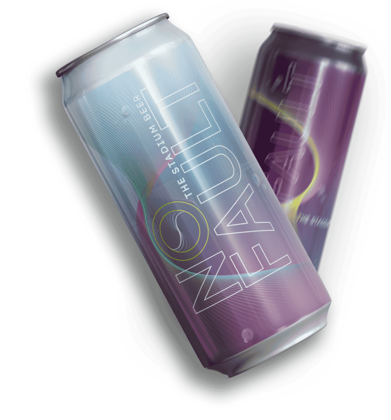 Packaging design for No Fault, The Stadium Beer, featuring sleek, metallic cans with a gradient color scheme of purple, blue, and silver. Designed by Jamison Perkins for a modern, sporty brand identity.