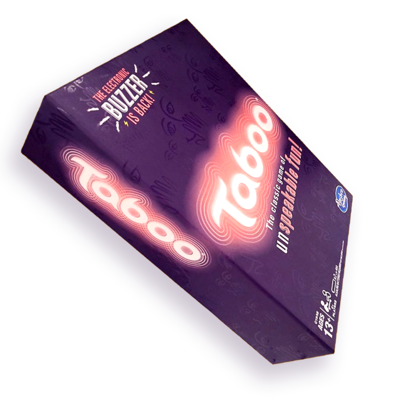 A Hasbro Gaming Taboo game box with a bold purple background and neon pink lettering. The design is vibrant and playful, featuring the iconic Taboo logo in a modern, eye-catching style that reflects the game's fun and energetic nature.