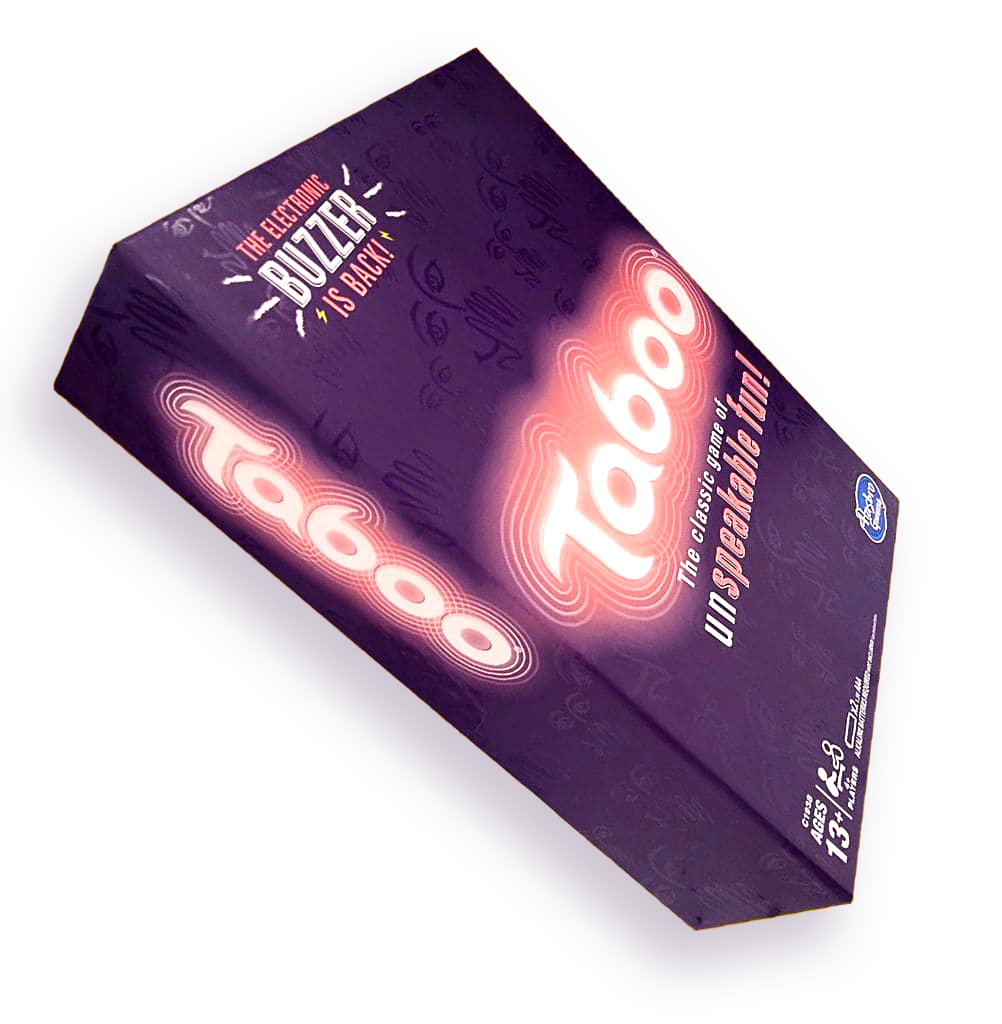 A Hasbro Gaming Taboo game box with a bold purple background and neon pink lettering. The design is vibrant and playful, featuring the iconic Taboo logo in a modern, eye-catching style that reflects the game's fun and energetic nature.